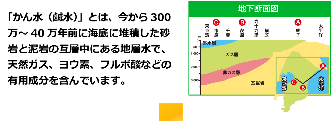 「かん水（鹹水）」とは、今から300万～40万年前に海底に堆積した砂岩と泥岩の互層中にある地層水で、天然ガス、ヨウ素、フルボ酸などの有用成分を含んでいます。